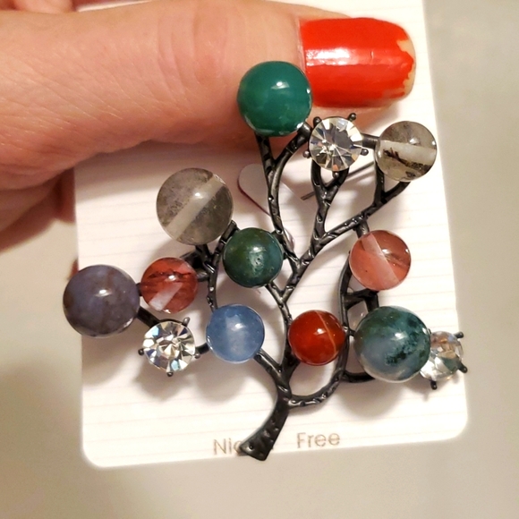 New Rhinestone Multi Colored Agate Silver Tree Pin Brooch. - Picture 7 of 7